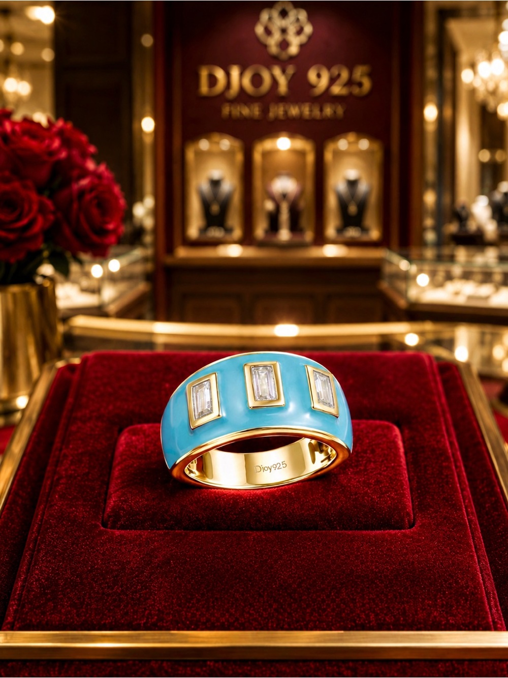 2,5 ctw Moissanite and blue French enamel 18k Gold over 925 Silver Vermeil ring